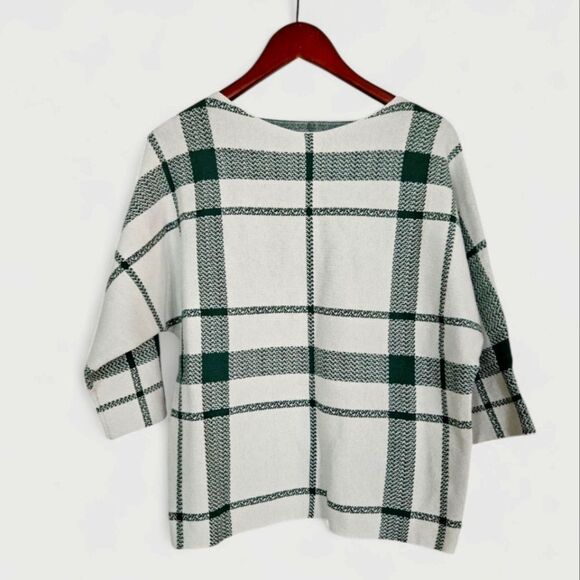 NWT Sioni Relaxed Fit Plaid Knit 3/4 Sleeve Dolan Sweater in Basil Green M - Picture 1 of 9